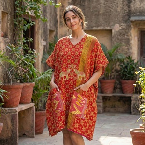 New Vintage Style Hand Block Print Cotton Kantha <b>Kaftan</b>, Plus Size Lightweight, Printed Summer Cover-Up - Product Image 5