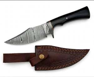 Cuchillo de Camping de Hoja Fija de Acero de Damasco Forjado a Mano con Punta Caída, Mango de Micarta Negra y Funda de Cuero - DIY OEM - Product Image 5