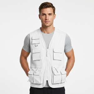 Gilet Safari Blanc pour Homme avec Fermeture Éclair, Col Montant et Multiples Poches - Product Image 2