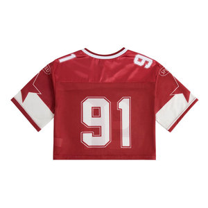 Camiseta de fútbol americano de malla roja para niños, manga corta, cuello redondo, transpirable, número 91, ropa para todas las estaciones - Product Image 1