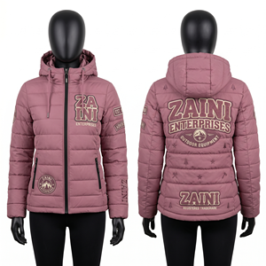 220 GSM Premium Polyester Pongee Women Puffer <b>Jacket</b> Dusty <b>Pink</b> Quilted Panel Hooded Custom Embroidery Chenille Patch OEM - Product Image 1