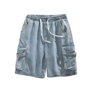 Pantalones Cortos Cargo de Lana Azul Claro para Hombre, Cintura Elástica Alta, Estilo Casual, con Bolsillos, Transpirables, Ecológicos, Sólidos, Vintage - Product Image 1