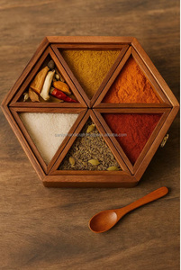 Handcrafted Eco-Friendly Sheeshas <b>Wood</b> Modern Design Masala <b>Box</b> 6-Spice Organizer Glass <b>Lid</b> Spoon Polished Customizable Size - Product Image 2