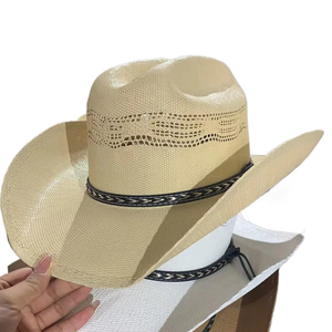 Beige Straw Cowboy <b>Hat</b> With Black <b>Band</b> Wide Brim Unisex Outdoor Spring Summer Casual Adult Fit 58-60CM - Product Image 1