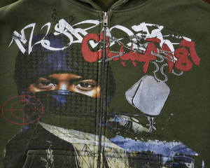Sudadera con capucha y cremallera para hombre Rexfit, color verde oliva, corte holgado, estilo urbano, estampado en felpa, para otoño, con estampado DTF - Product Image 3