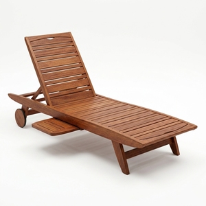 Chaise longue d'extérieur Prima en teck massif, finition naturelle, design moderne, plateau coulissant, dossier réglable, sans coussins, pour villa - Product Image 3