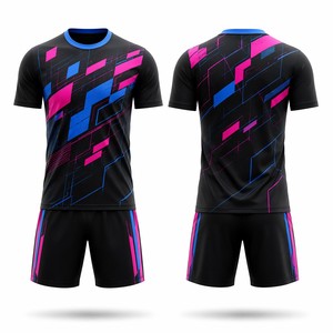 Conjunto de Camiseta de Fútbol para Hombre, Sublimada con Estampado Geométrico, Negro, Rosa y Azul, con Shorts Deportivos Transpirables - Product Image 4