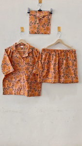 Ensemble pyjama d'hiver 2 pièces en coton imprimé floqué de qualité supérieure pour femme, motif floral pêche artisanal, écologique et respirant, à manches courtes - Product Image 3