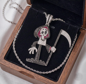 Collier pendentif Halloween en argent 925 avec moissanite et perle d'eau douce, chaîne à maillons, breloque crâne de dessin animé et Grim Reaper, bijou pour fête - Product Image 6