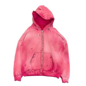 Sudadera con capucha oversize rosa con efecto teñido, con cremallera, de felpa francesa, unisex, corte regular, diseño con bolsillos, estampado por pulverización, estilo urbano de otoño - Product Image 1