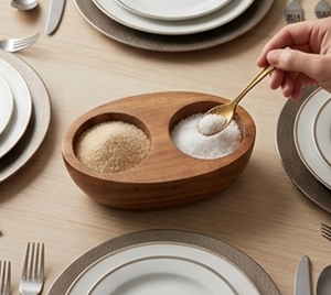 Bol de service élégant en bois à double compartiment avec deux cuillères, outil pour herbes et épices, accessoires de cuisine durables - Product Image 5