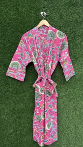 Bata Kimono de Algodón con Estampado Floral Rosa, Manga Larga, Cuello en V, para Mujer, Tallas Grandes, para Playa o Resort, Verano - Product Image 5