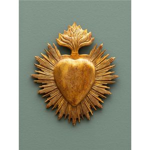Ex Voto de Corazón Sagrado con Acabado Dorado Antiguo, Arte Devocional Católico para Colgar en la Pared, Arte Folclórico Mexicano, Corazón Flameante, Decoración para el Hogar - Product Image 1