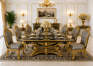 Meubles de salle à manger de style italien haut de gamme en or blanc, style Maharaja, ensemble table et chaises 6 places, acheter une suite de salle à manger classique - Product Image 4