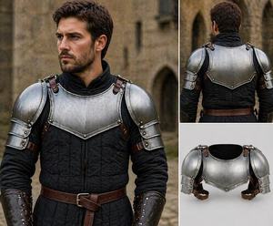 Medieval Steel Armor Chest Plate With Shoulder Guards And Arm Braces <b>Silver</b> Plated Warrior Costume Full Body Protection - Product Image 1