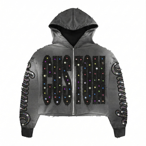 Manufactured Custom Men's Rhinestone Zip up Hoodie and <b>Pant</b> Sets Cotton Oversize Heavyweight Boxy Embroidered Hoodie Tracksuits - Product Image 2