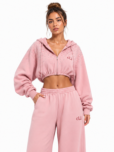 Wholesale Winter Two Piece Set Cropped Hoodies Custom Elastic Hem Baggy <b>Tracksuit</b> Set Wide Leg Sweatpants Zip-Up Sweatshirt <b>Y2K</b> - Product Image 4
