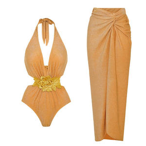 Nouvel ensemble de maillot de bain une pièce doré 2026 avec col halter et détails floraux 3D, paréo et bretelles sexy pour femme - Product Image 1