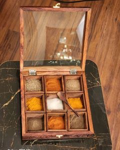 Traditional Indian Wooden <b>Masala</b> <b>Box</b> With Lid For Kitchen Spice Storage And Decorative Dining Table Use - Product Image 3