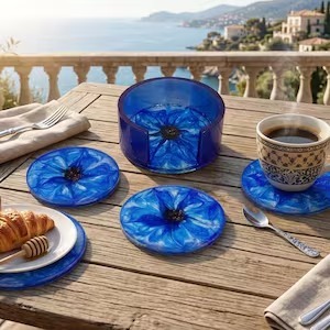 Sous-verres carrés en résine époxy bleue faits à la main avec support - 10 cm de diamètre - Collection Fleur Cosmique - REHMAN CRAFT - Product Image 3