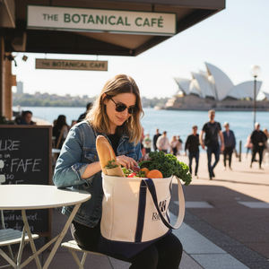 Sac fourre-tout en toile de coton géométrique imperméable antivol, taille personnalisée, pliable, avec fermeture à bouton, réutilisable pour la plage et les courses, vente en gros - Product Image 2