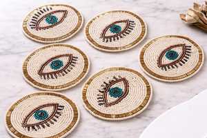 Handmade Beaded Eye Coasters Set Of 6 Round Bar Mats Fabric Washable Novelty <b>Drinkware</b> <b>Accessories</b> White Gold Brown Blue - Product Image 1