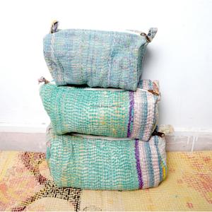 100% Pure Cotton Kantha Fabric Tassel Pattern Zipper Closure Eco-Friendly Durable Large Makeup Bag Pouch Set Soft Handle - Product Image 6