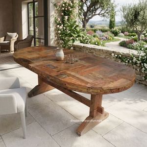 Table à manger en bois artisanale, modèle ovale, 2 couches, patchwork, démontable, en bois de bateau recyclé, design durable, respectueux de l'environnement - Product Image 3