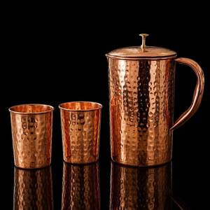 Handcrafted Cylindrical Hammered Pure <b>Copper</b> Water Jug Pitcher Set with Brass Finial <b>Knob</b> Lid & 2 Glasses - Product Image 1