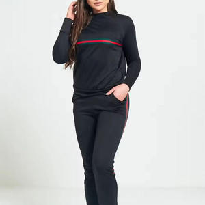 Women Tracksuit Set <b>Black</b> Long Sleeve Crew Neck Striped Design Side Pockets Casual Autumn Wear Spandex Polyester Material - Product Image 1