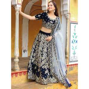 Impresionante boda de terciopelo bordado azul marino Lehenga Choli - Product Image 5