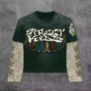 Nouveauté T-shirt à manches longues pour homme, style streetwear noir, effet superposé, imprimé graphique, col rond - Product Image 3