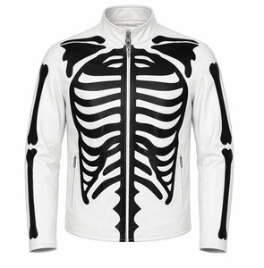 Men’s <b>White</b> Leather Skeleton <b>Biker</b> <b>Jacket</b> with Black Rib Cage & Spine Design 100% Cowhide - Product Image 1