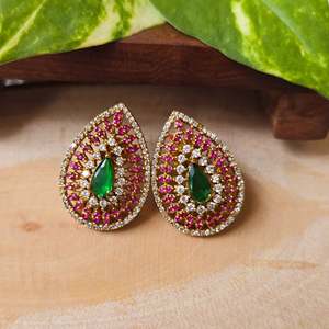 Pear Cut Ruby Stud Earrings 24K Gold Plated Zircon Jewelry - Product Image 2