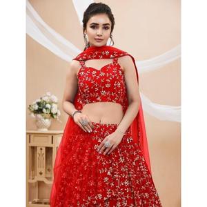 Glamoroso rojo bordado Georgette recepción desgaste Lehenga Choli - Product Image 3