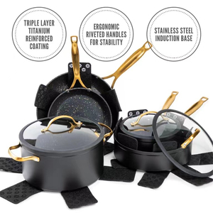 Premium Non Stick Cooking <b>Set</b> With Granite Coating, <b>Induction</b> Compatible Fry <b>Pans</b> Sauce <b>Pans</b> Glass Lids Heat Resistant Handle - Product Image 2