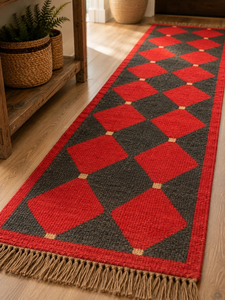 Tapis de couloir en laine et jute tissé à la main, rouge, noir, charbon, motif géométrique losanges, style bohème, kilim tribal, sur mesure - Product Image 5