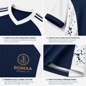 เสื้อฟุตบอลสีน้ำเงินกรมท่าขาวแบบกำหนดเอง คอวี แขนสั้น ชุดทีมพร้อมแถบสีด้านข้าง เสื้อฟุตบอล OEM ทรงพอดีตัวระดับพรีเมียม - Product Image 3