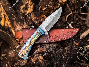 มีดเหล็กดามัสกัสตีขึ้นรูปด้วยมือ ใบมีดแบบดรอปพอยต์ สำหรับเอาตัวรอด ตั้งแคมป์ ล่าสัตว์ ด้ามจับรูปทรงกรวยสน พร้อมปลอกหนัง ขายส่งราคาดีที่สุด - Product Image 3