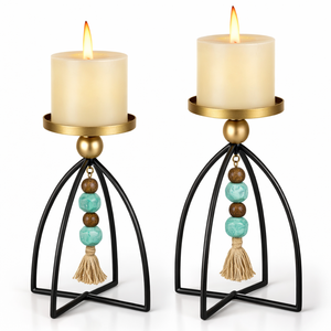 Black and Gold Candle Holders with Wooden Beads Modern Decorative Candle Stands for Home and Office Stylish Candle Holder - Product Image 6