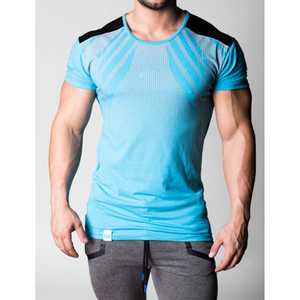 Camiseta Deportiva de Manga Corta Azul para Hombre, de Secado Rápido, con Patrón Tejido, Corte Ajustado y Cuello Redondo - Product Image 1