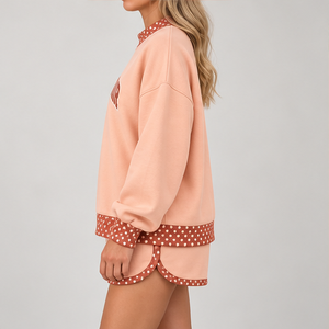 Women's Peach Contrast Polka Trim Mock Neck 2-Piece <b>Shorts</b> <b>Set</b> Custom Casual Sportswear - Product Image 4