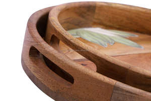 Plateau rond en bois avec motif imprimé de fleurs Plateau de service en bois fait main avec poignée Plateau de cuisine décoratif en bois massif - Product Image 6