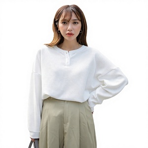 Cnshell Half Button up Sweatshirt Crew Neck Full Sleeve Short Crop Top Cotton Terry <b>Pullover</b> <b>Jumper</b> Women Anti-shrink Casual - Product Image 2
