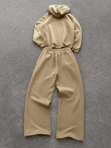 Ensemble de survêtement pour femme marron camel, veste à capuche zippée intégrale épaisse et pantalon de survêtement large assorti, deux pièces, style streetwear décontracté - Product Image 6