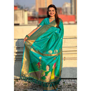 ผ้าไหมพิธานีสีเขียวทะเล ทอลายซารี กูดี ปาดวา สำหรับงานพิเศษ เสื้อผ้าอินเดียและปากีสถาน ผ้าทอชั้นดี น้ำหนัก 0.65 กรัม - Product Image 2