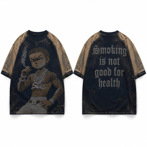 เสื้อยืดคอกลมทรงโอเวอร์ไซส์สีกรมท่า-น้ำตาล แต่งลายกราฟิกตัวอักษรแบบโกธิค ประดับคริสตัล พร้อมลายพิมพ์สโลแกน สไตล์วินเทจ - Product Image 1