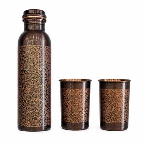Botella de Agua de Cobre Pulido con Bandas en Relieve y Tapa de Rosca, Diseño Oriental Clásico, Reutilizable para el Hogar y Viajes - Product Image 5