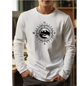 เสื้อยืดแขนยาวคอกลมพิมพ์ลายเข็มทิศภูเขาสำหรับผู้ชาย ผ้าฝ้ายแท้ 100% ทรงหลวม ใส่สบาย เหมาะสำหรับเล่นกีฬาและพักผ่อน - Product Image 5