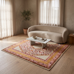DECORDEC Mustard Gold Pink Floral Medallion <b>Rug</b> Modern Ornamental Area Carpet Non-Slip Backing 100% New Zealand Wool for Living - Product Image 3